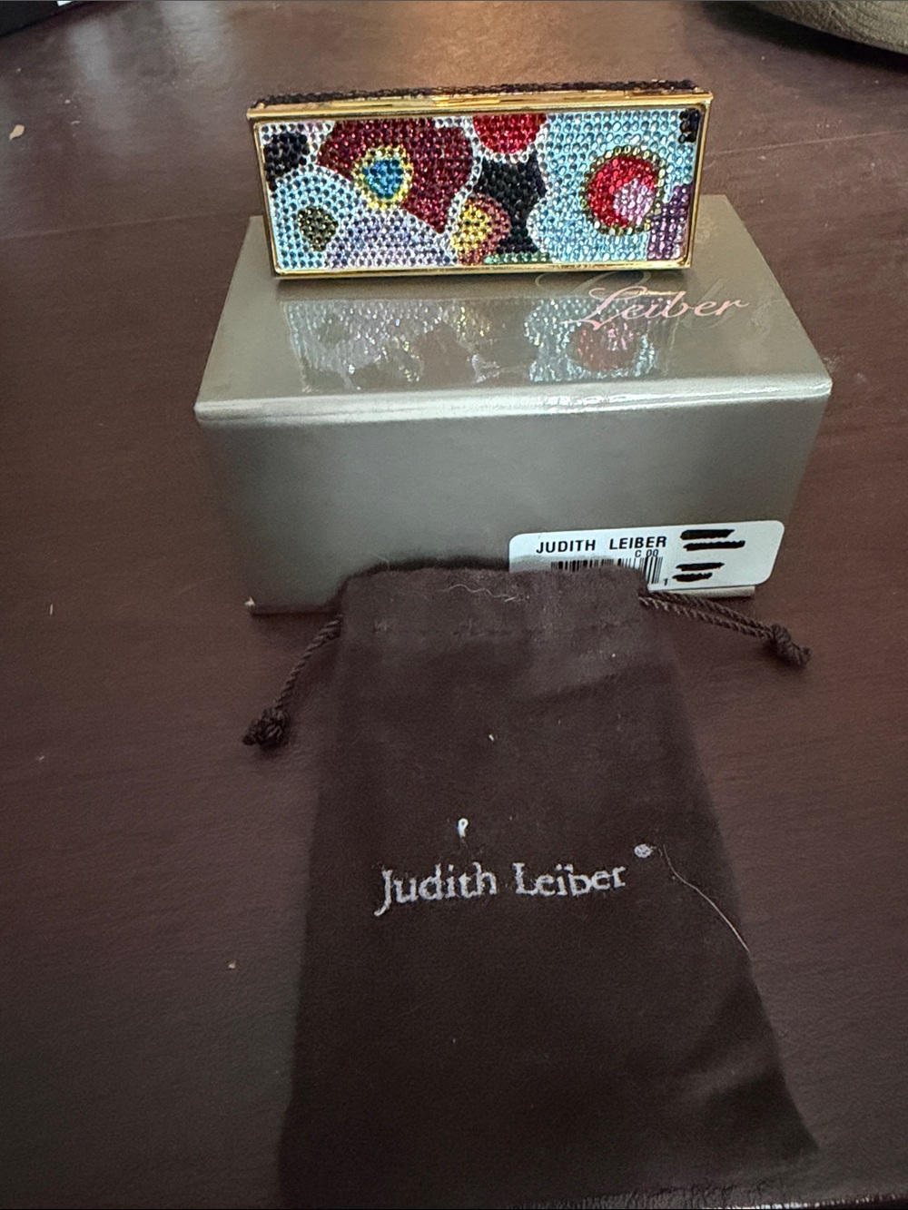Judith Leiber Multicolor Crystal Floral Lipstick casewith Gold Frame